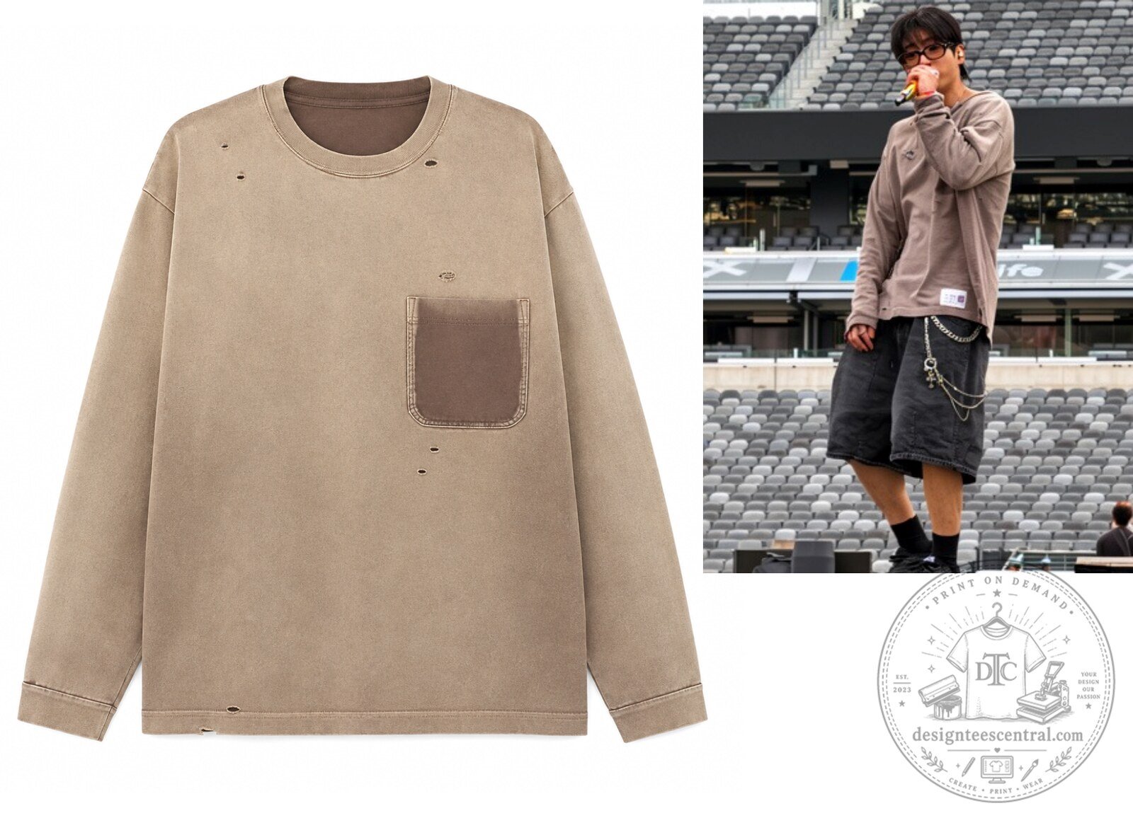 Jungkook BTS  Faded Long Sleeve Shirt Distressed Brown Pocket Oversized Sweatshirt