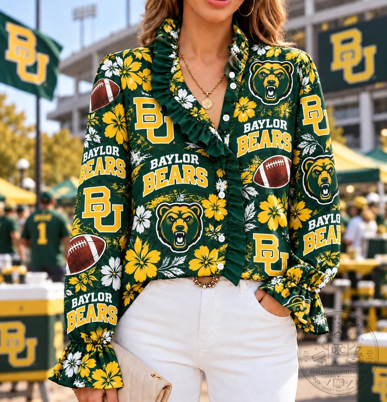 Baylor Bears Football Floral Ruffle Long Sleeve Blouse