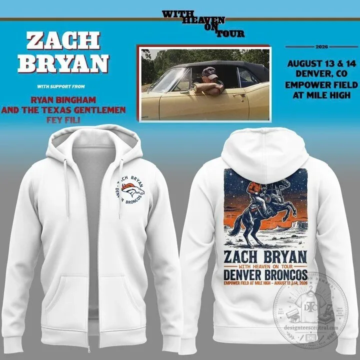 Full Zip Hoodie for Zach Bryan's Concert Tour at Empower Field, Denver Broncos Design