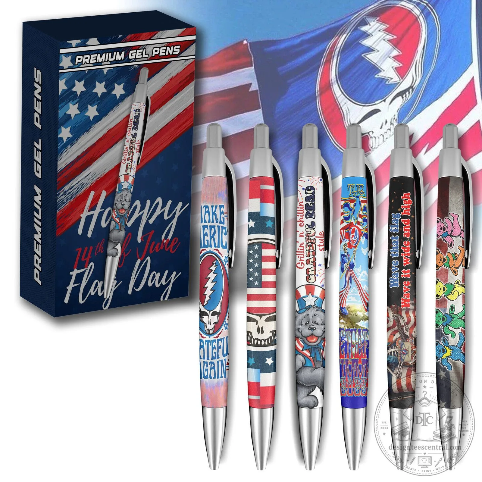 Grateful Dead Patriotic Gel Pens Set - Happy Fourth of July Flag Day
