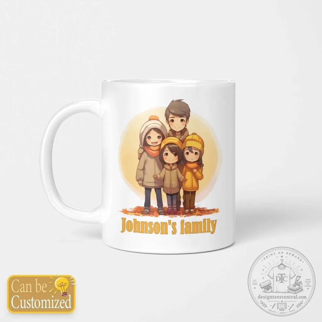 Personalized Family Portrait Mug with Custom Name and Four People Illustration Personalized Family Portrait Mug with Custom Name and Four People Illustration