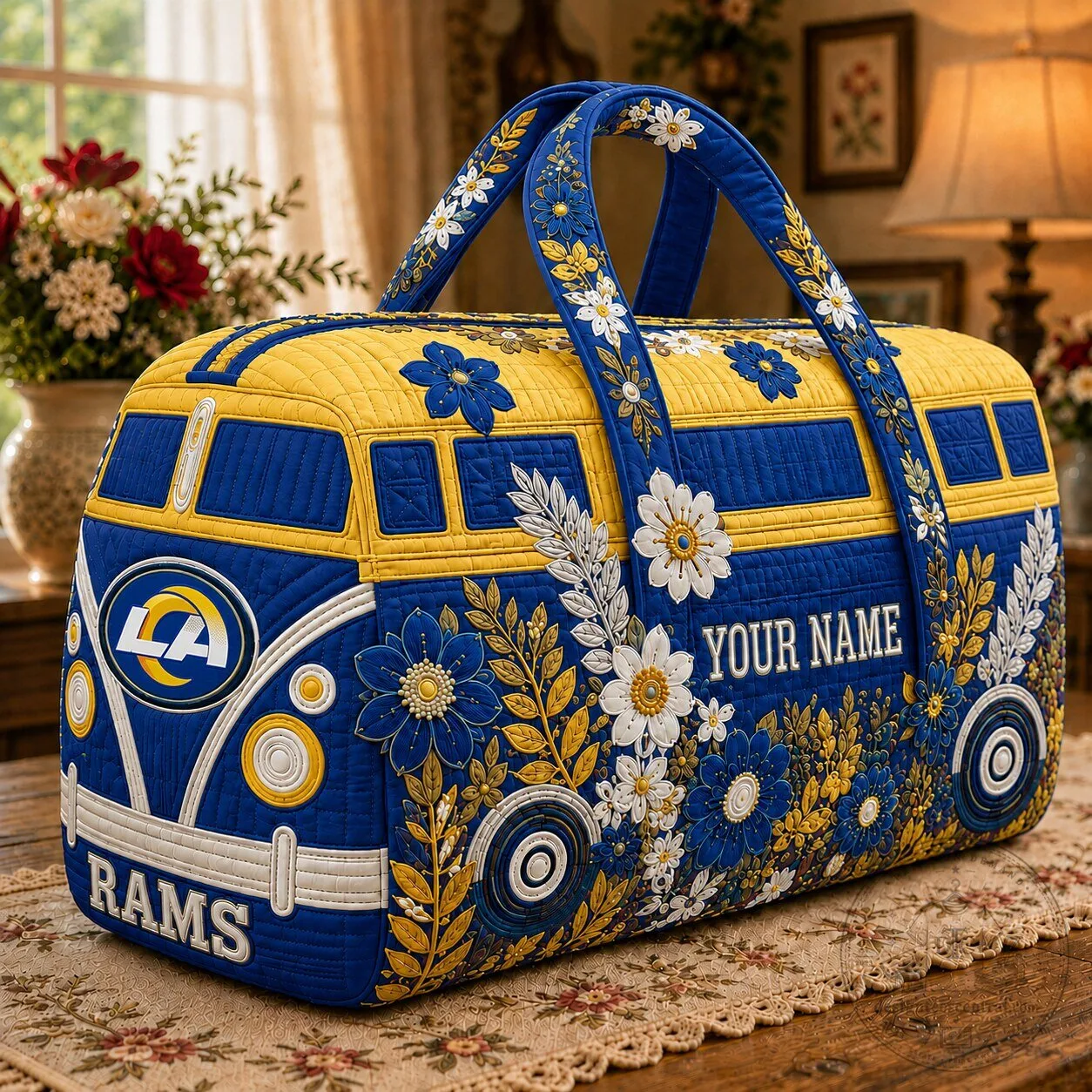 Los Angeles Rams Floral Volkswagen Bus Quilted Duffle Bag