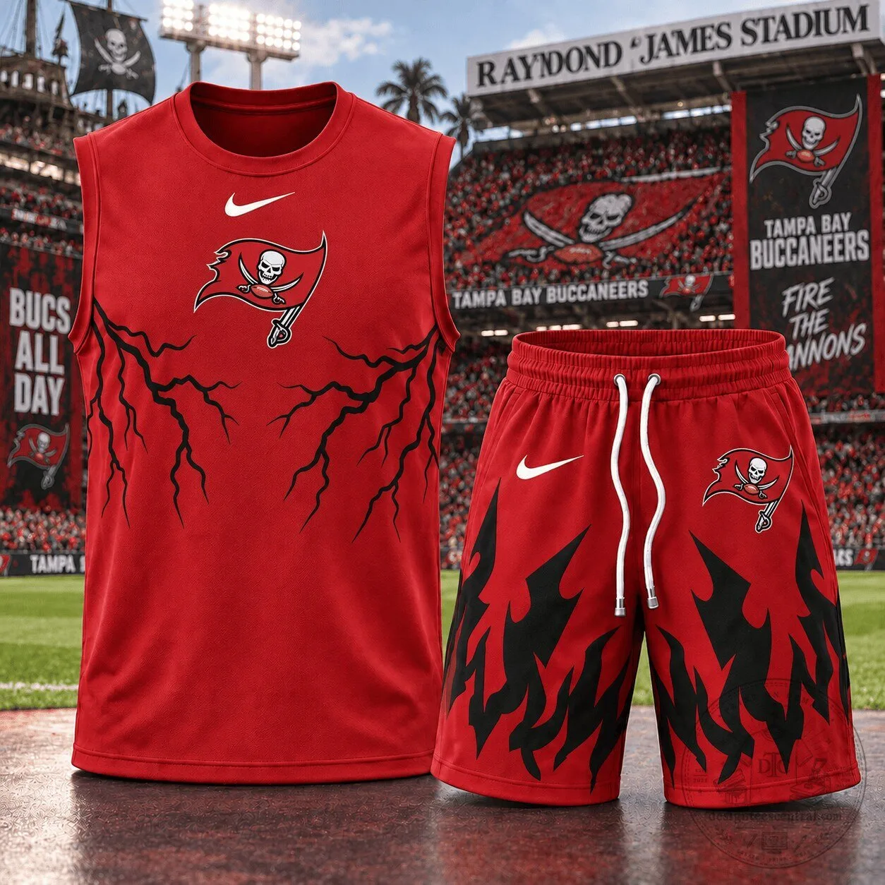 Tampa Bay Buccaneers Football Team Red Lightning Design Sleeveless Shirt and Shorts Set