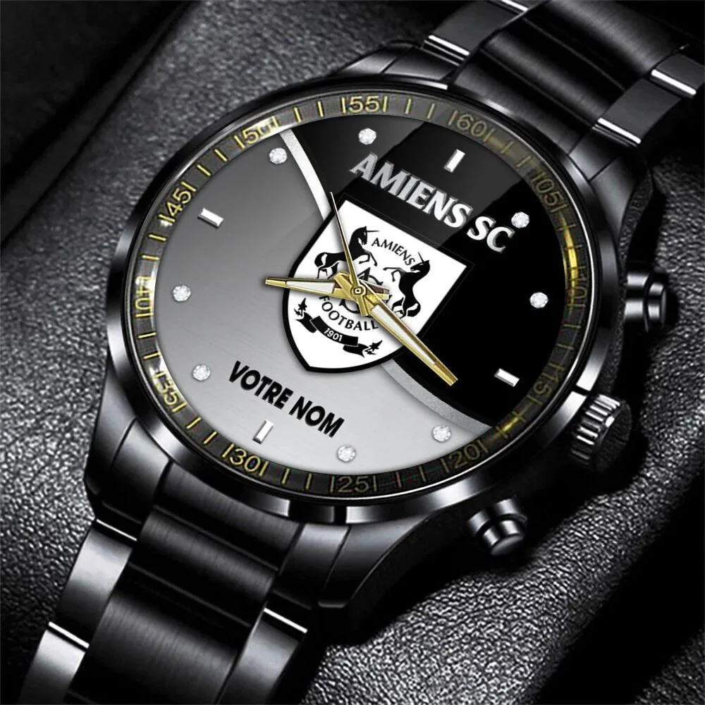 Amiens SC Football Club Team Logo Custom Engraved Black Wristwatch