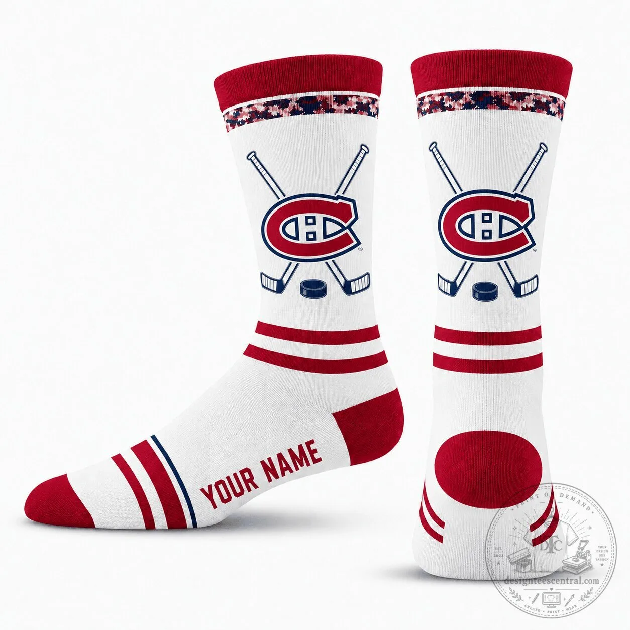 Montreal Canadiens National Hockey League Personalized White and Red Crew Socks