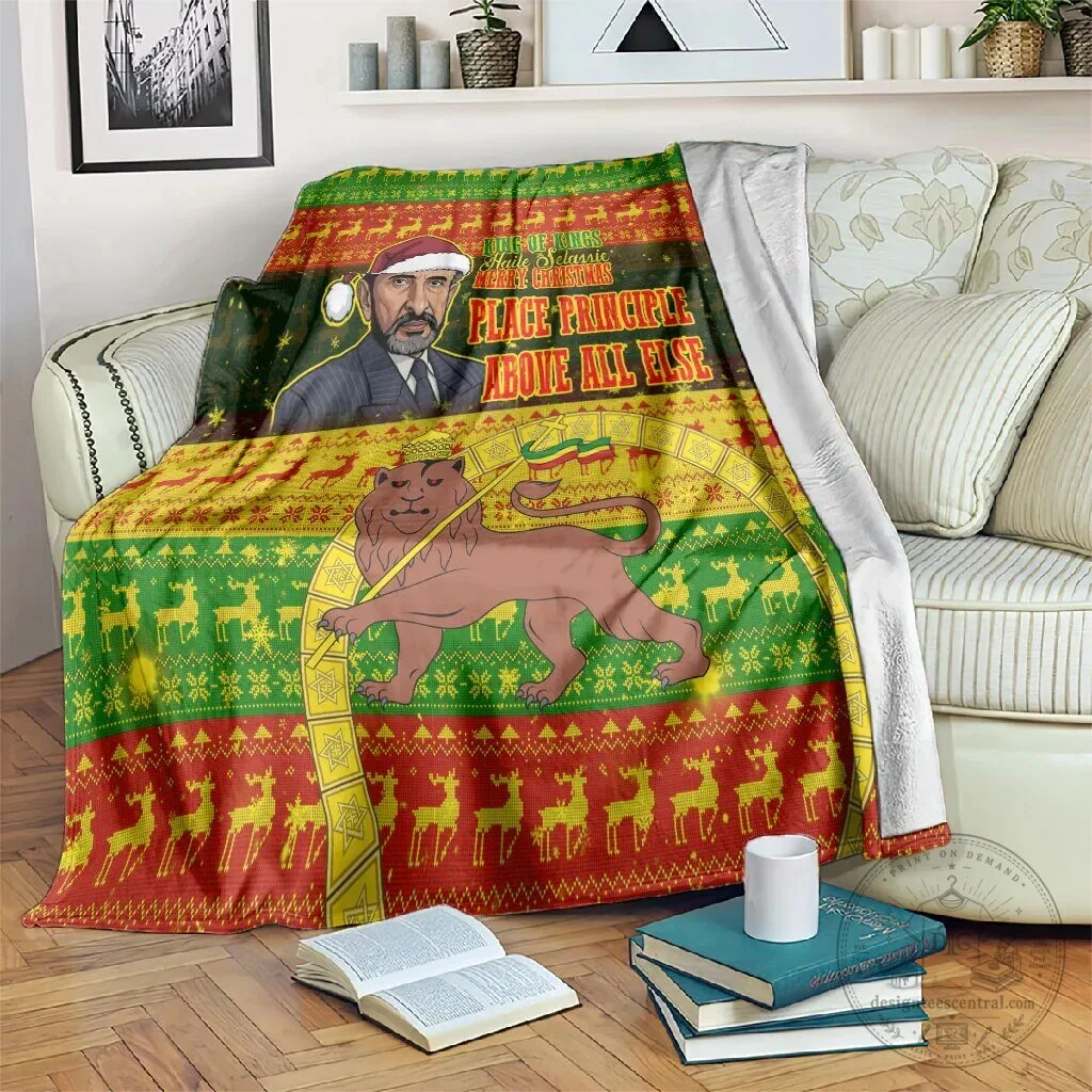 Haile Selassie Christmas Blanket King of Kings Lion of Judah Ugly Holiday Pattern