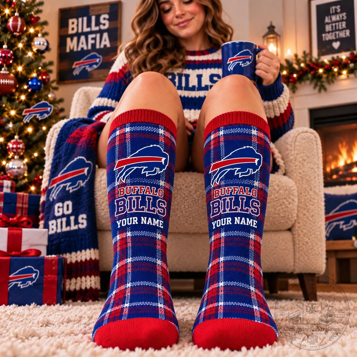Buffalo Bills NFL Personalized Plaid Pattern Custom Name Crew Socks