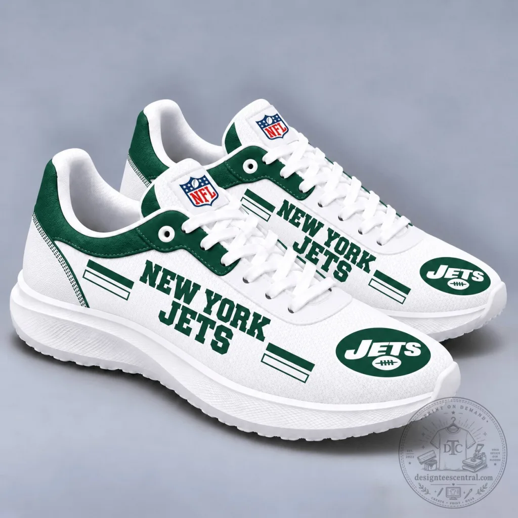 New York Jets NFL Football Team Logo White and Green Varsity Stripe Sneakers