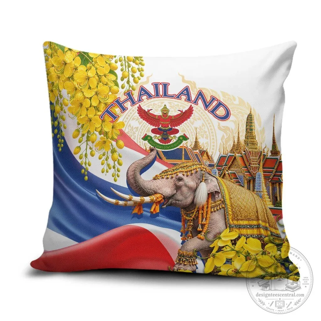 Thailand Elephant and Temple Golden Shower Tree Pillow Cover