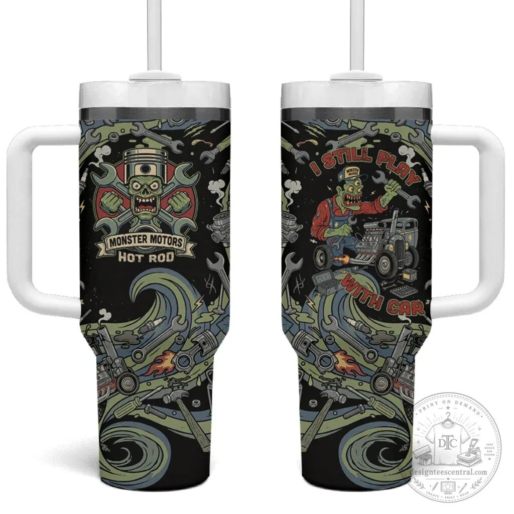 Monster Motors Hot Rod Zombie Mechanic Vintage Auto Tools Tumbler with Handle