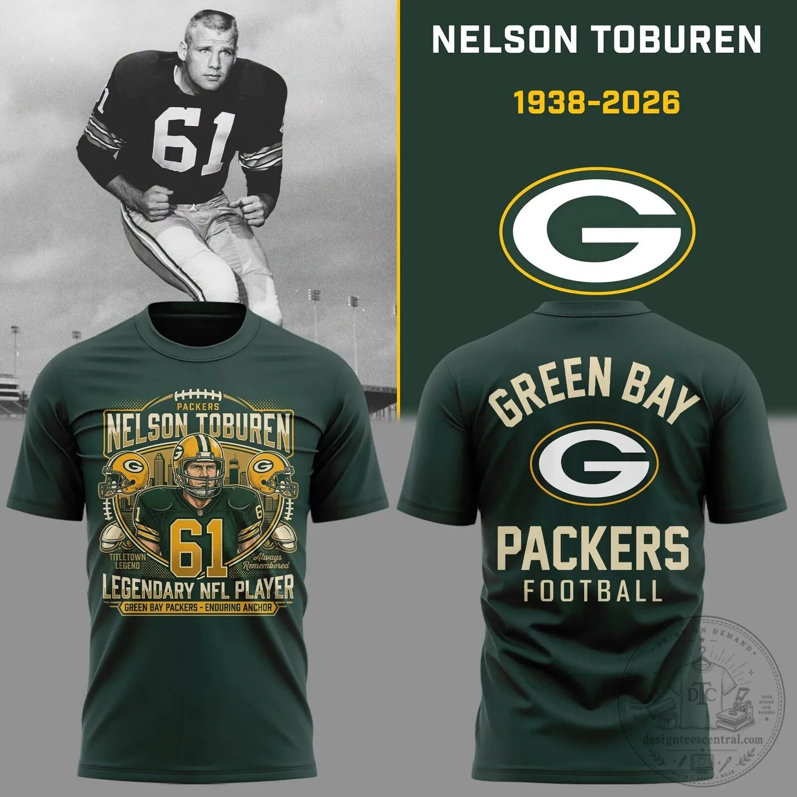 Nelson Toburen Green Bay Packers Legendary NFL Player Football T-Shirt