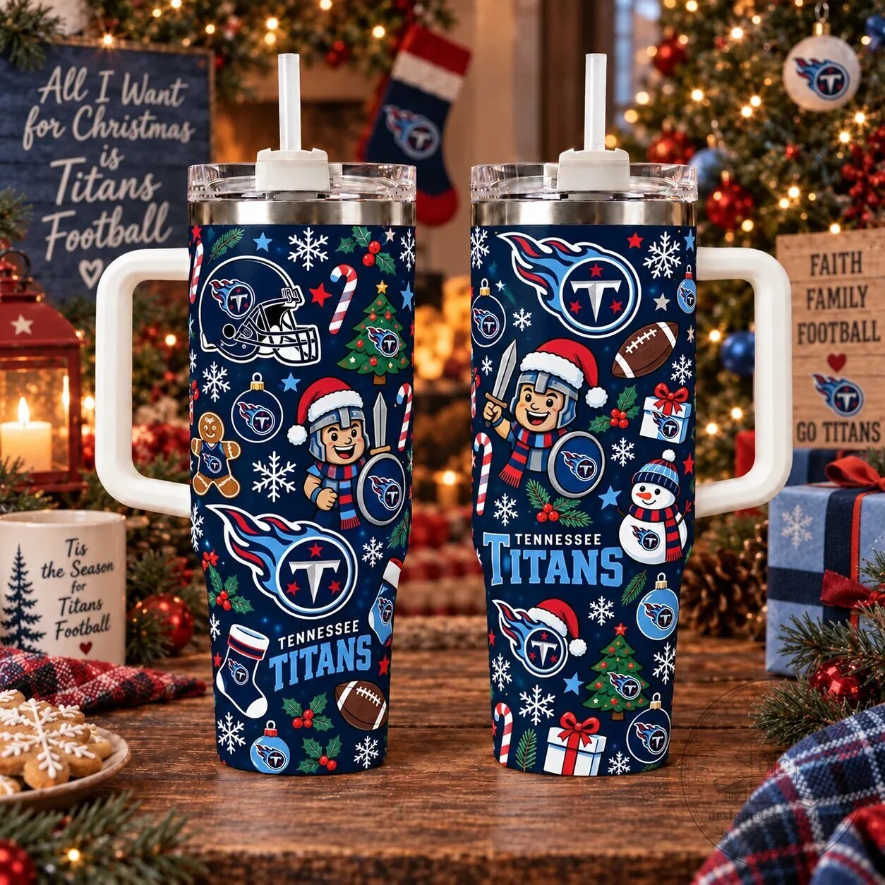 Tennessee Titans NFL Christmas Football Holiday Tumbler with Handle and Straw