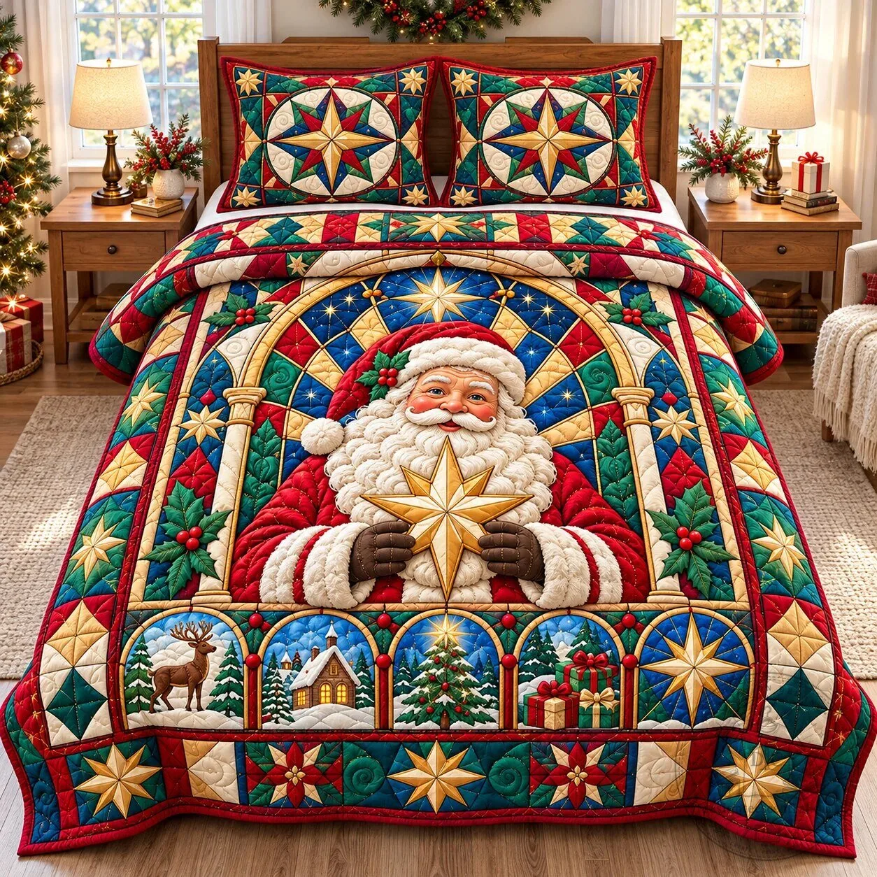 Quilted Bedding Set for Christmas featuring Santa Claus Holiday Design