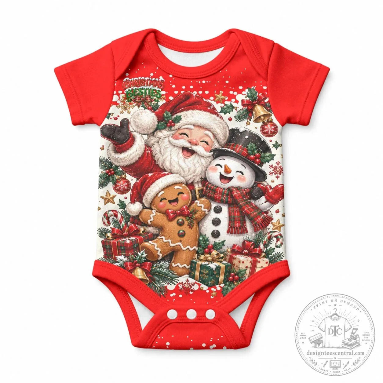 Christmas Besties Santa Claus Snowman Gingerbread Man Holiday Baby Romper