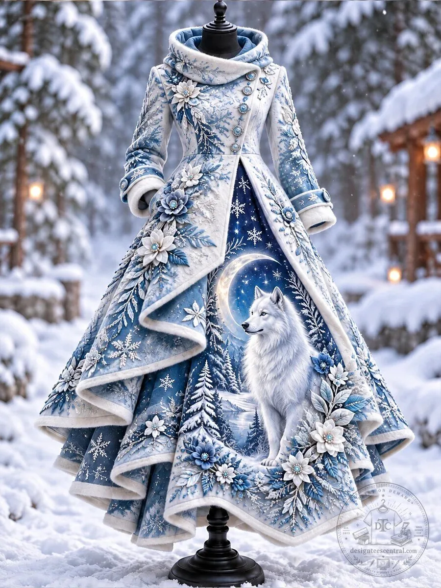 Winter Wonderland White Wolf Snowflakes Floral Long Sleeve Dress 1 Winter Wonderland White Wolf Snowflakes Floral Long Sleeve Dress