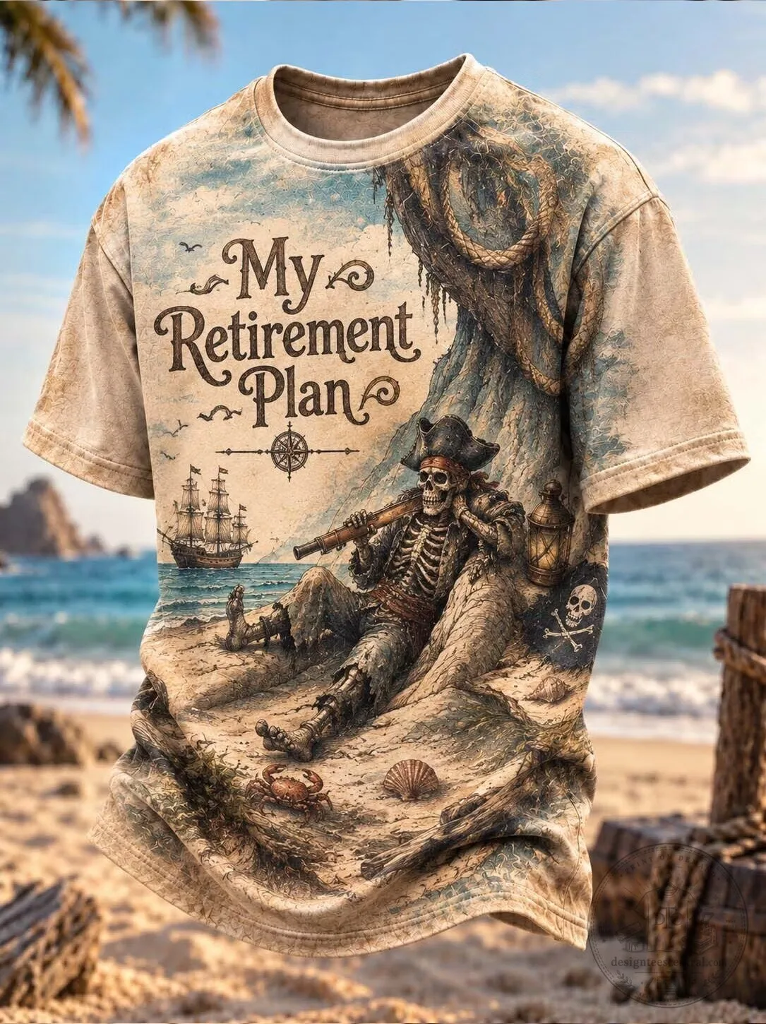 My Retirement Plan Pirate Skeleton Beach Scene Graphic T-Shirt