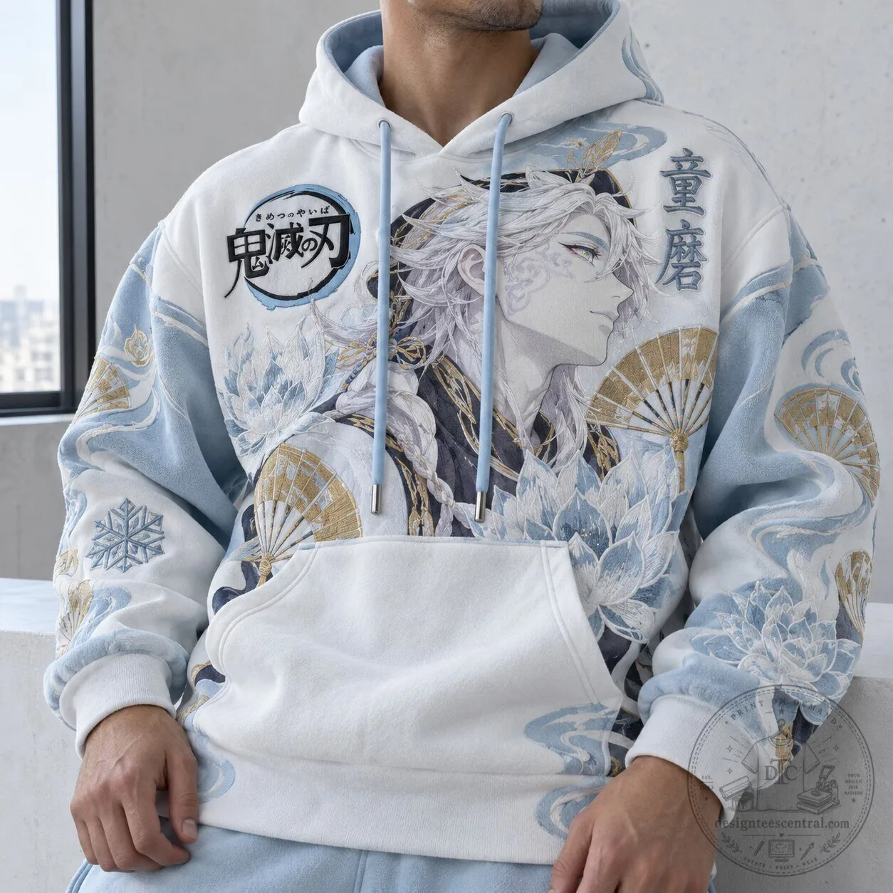 Demon Slayer Douma Anime Character Art White Pullover Hoodie