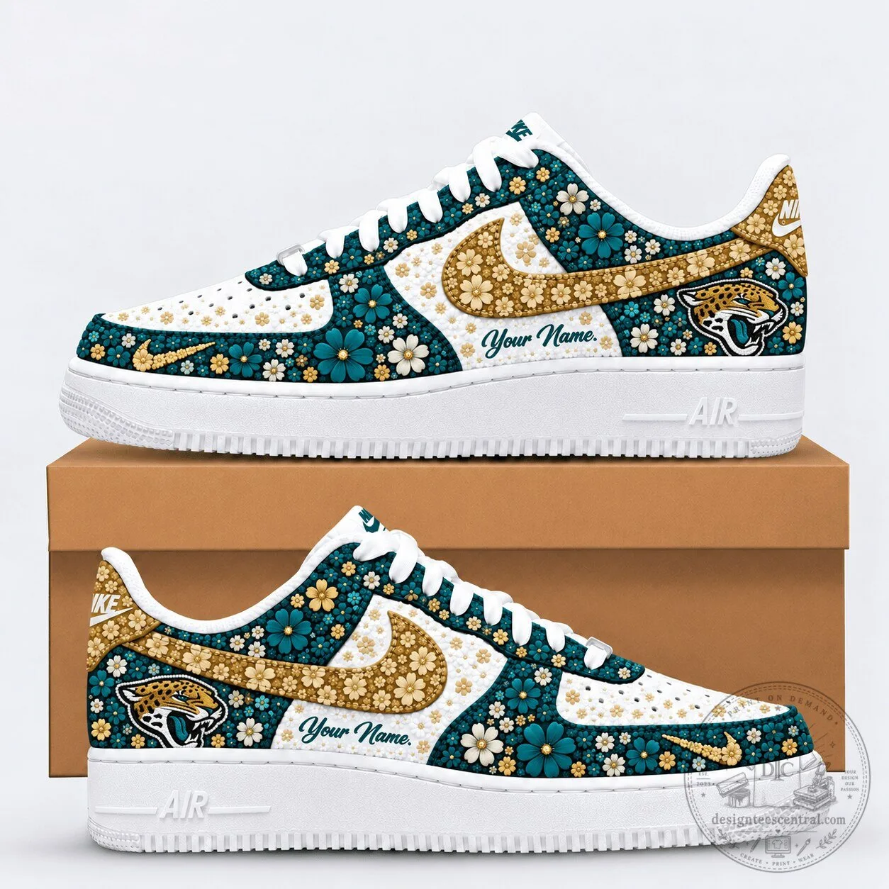 Jacksonville Jaguars Floral Heritage Custom Name White Sneakers