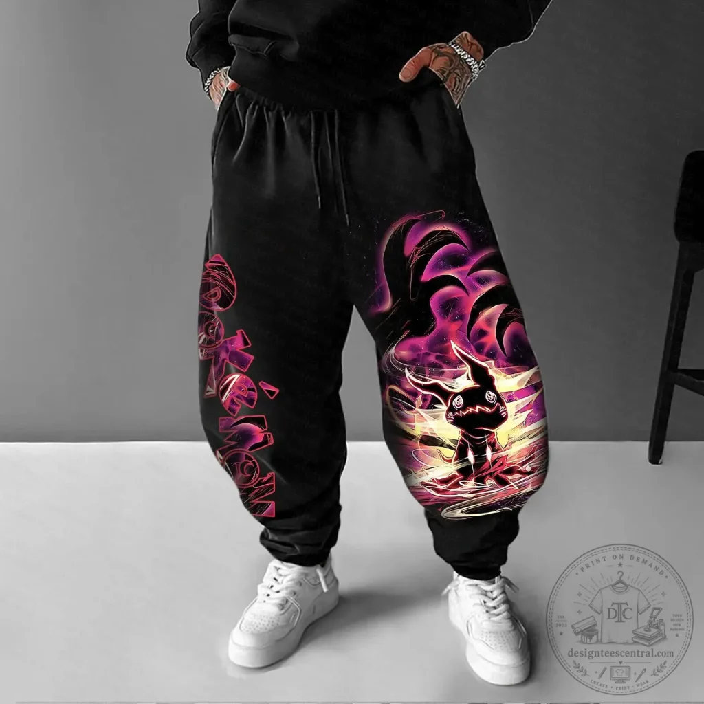 Pokemon Mimikyu Ghost Type Dark Purple Flame Graphic Black Jogger Pants Pokemon Mimikyu Ghost Type Dark Purple Flame Graphic Black Jogger Pants