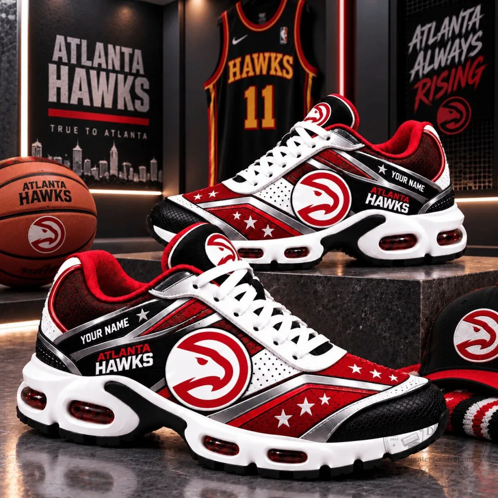 Atlanta Hawks Red and Black Custom Name Air Max Plus Shoes Atlanta Hawks Red and Black Custom Name Air Max Plus Shoes