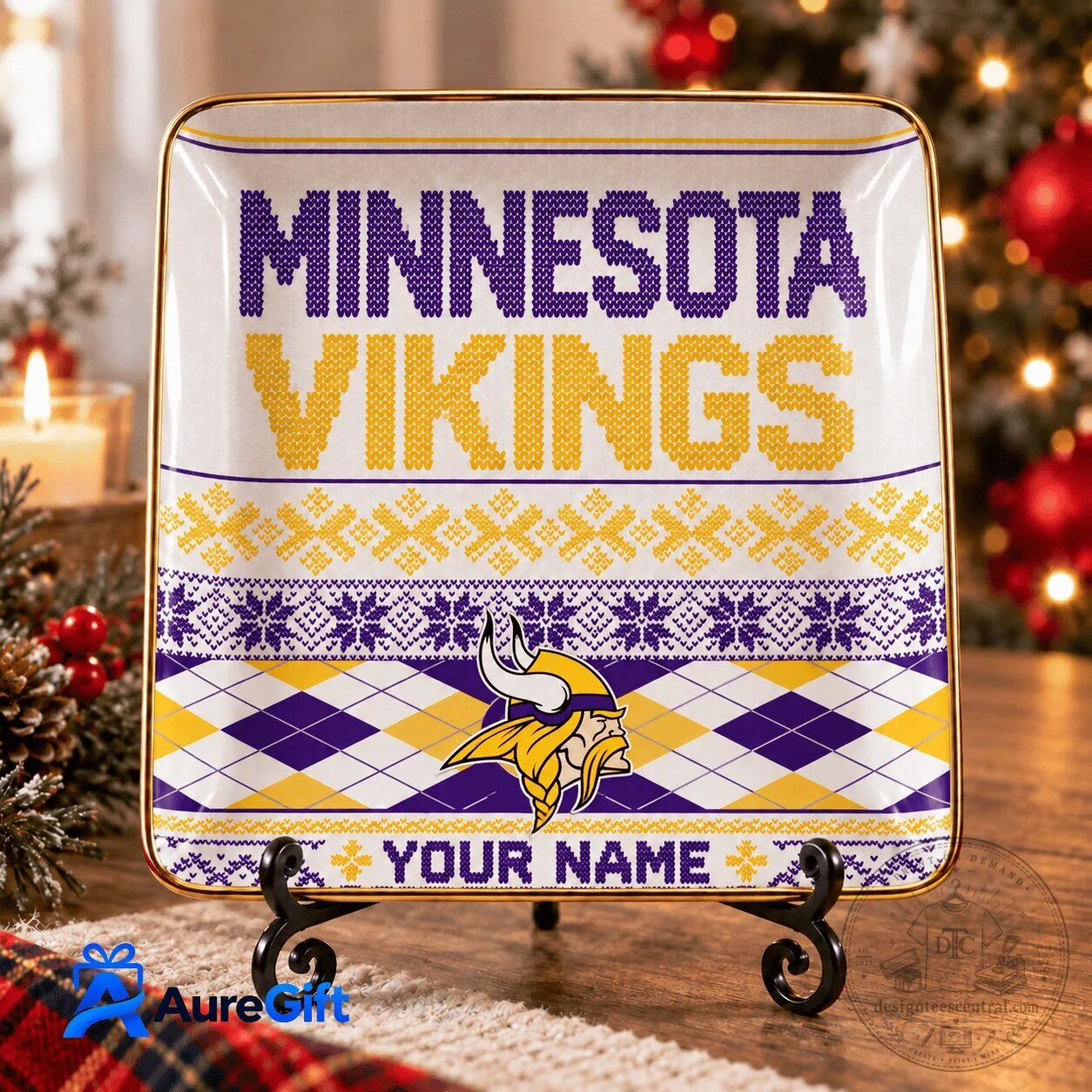 Minnesota Vikings Personalized Christmas Ugly Sweater Pattern Ceramic Dish