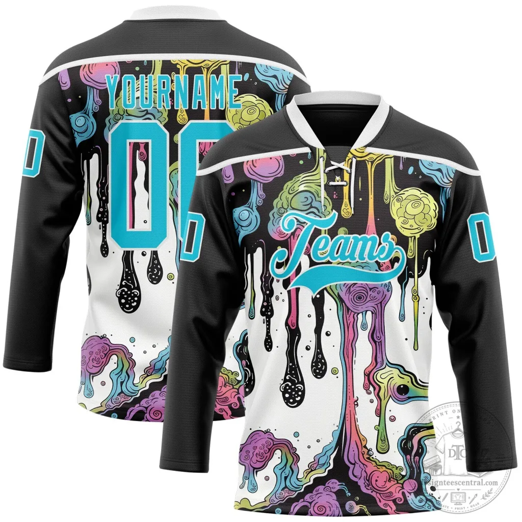 Custom Black Melting Rave Psychedelic Lace Neck Hockey Jersey