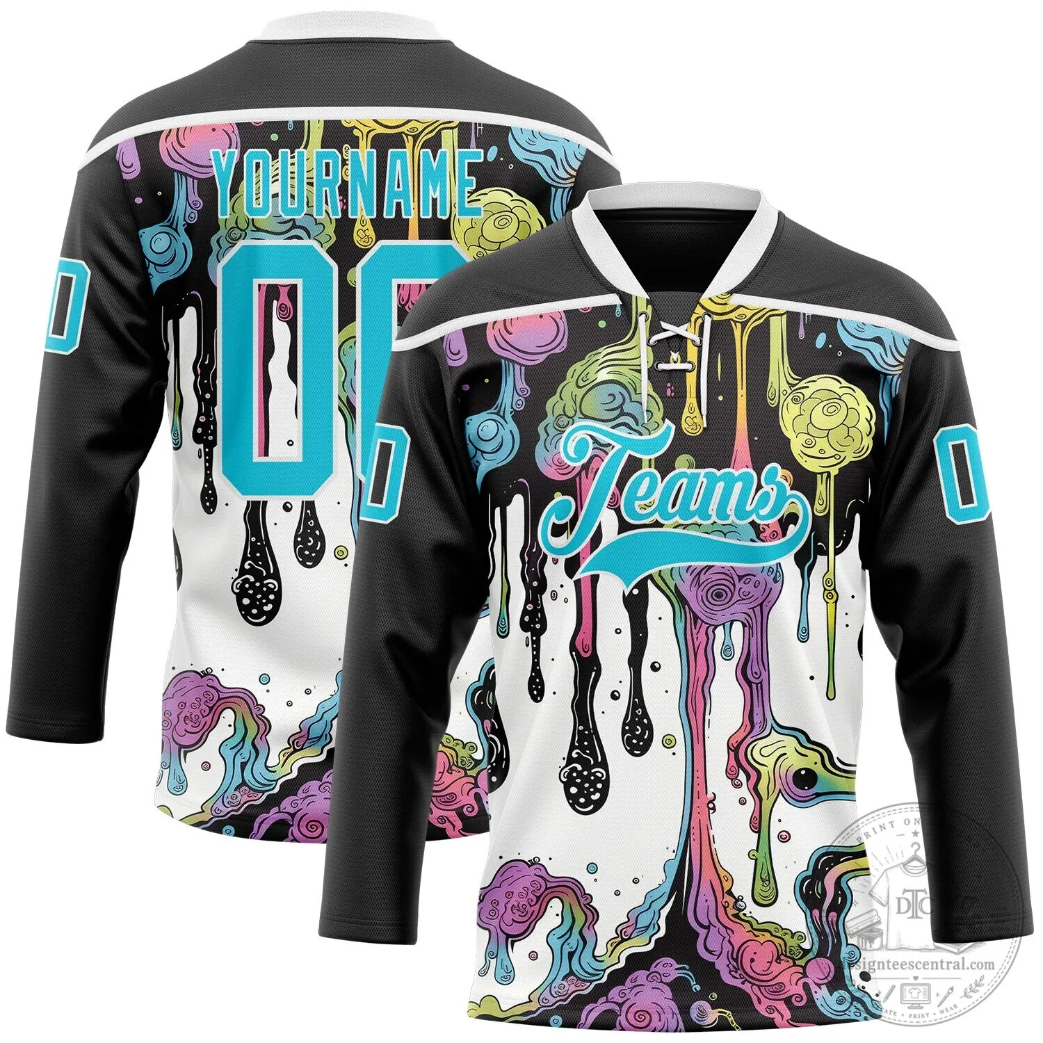 Custom Black Melting Rave Psychedelic Lace Neck Hockey Jersey