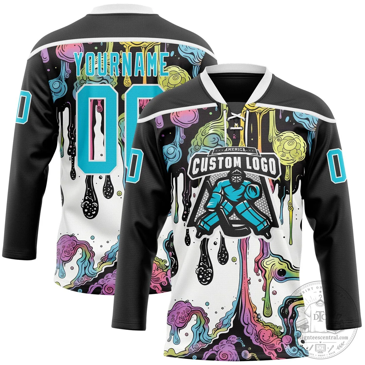 Custom Black Melting Rave Psychedelic Lace Neck Hockey Jersey 8 Custom Black Melting Rave Psychedelic Lace Neck Hockey Jersey