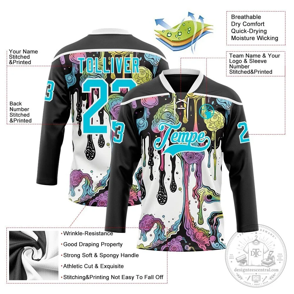 Custom Black Melting Rave Psychedelic Lace Neck Hockey Jersey 11 Custom Black Melting Rave Psychedelic Lace Neck Hockey Jersey