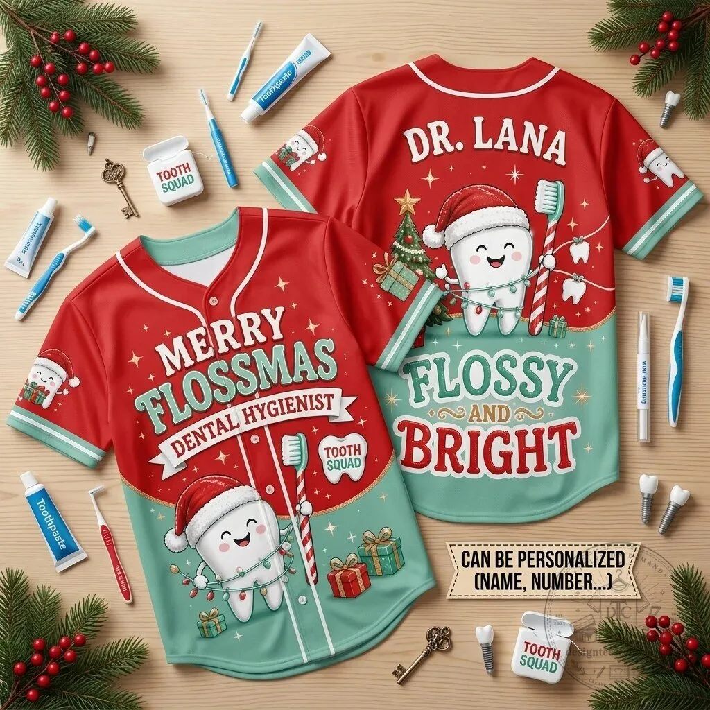 Merry Flossmas Dental Hygienist Christmas Tooth Squad Baseball Jersey