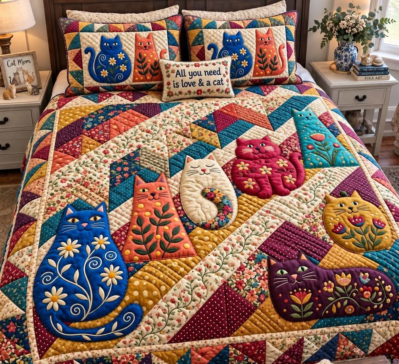 Whimsical Cat Garden Patchwork Quilted Bedding Set with Floral Feline Designs
