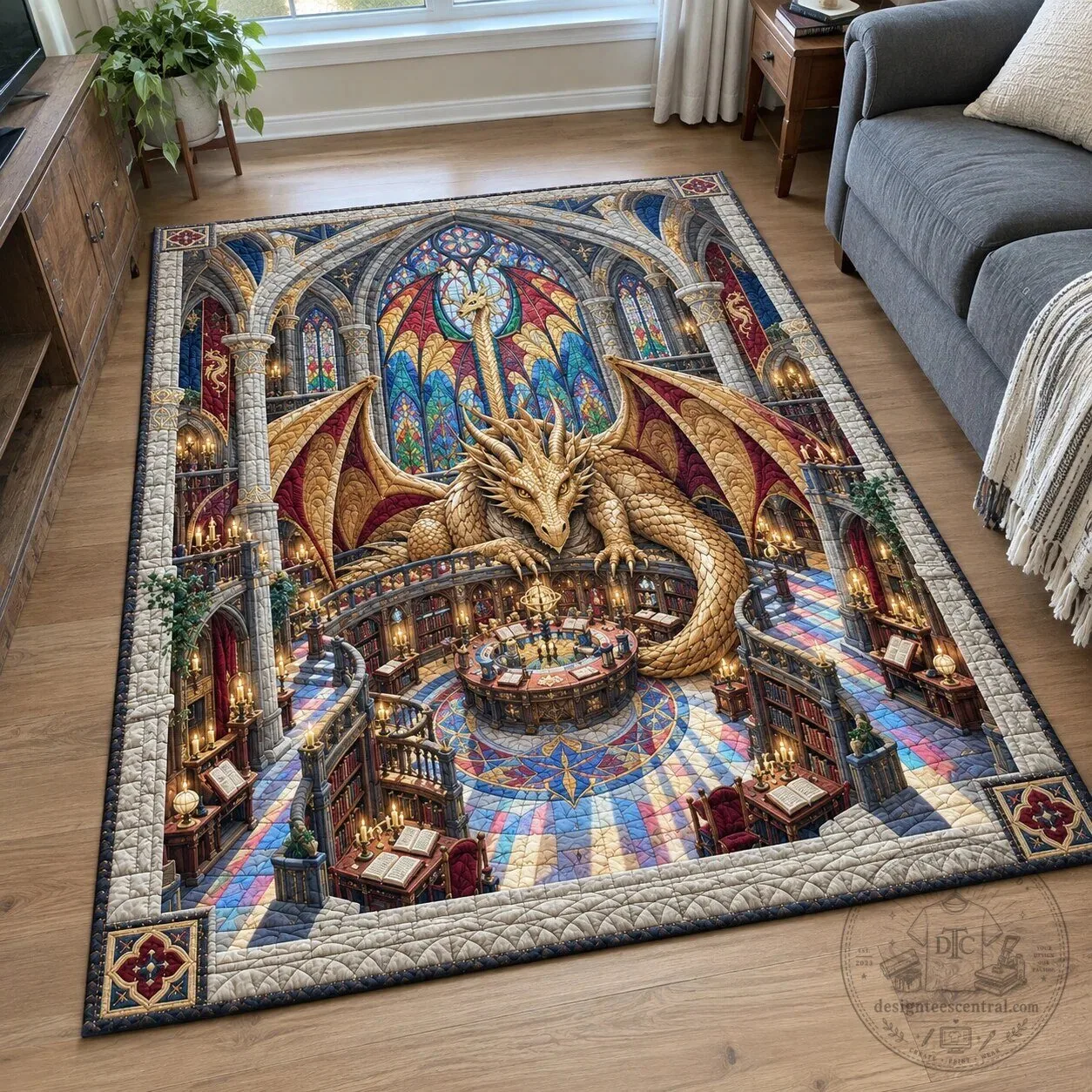 Golden Dragon Enchanted Library Fantasy Scene Area Rug