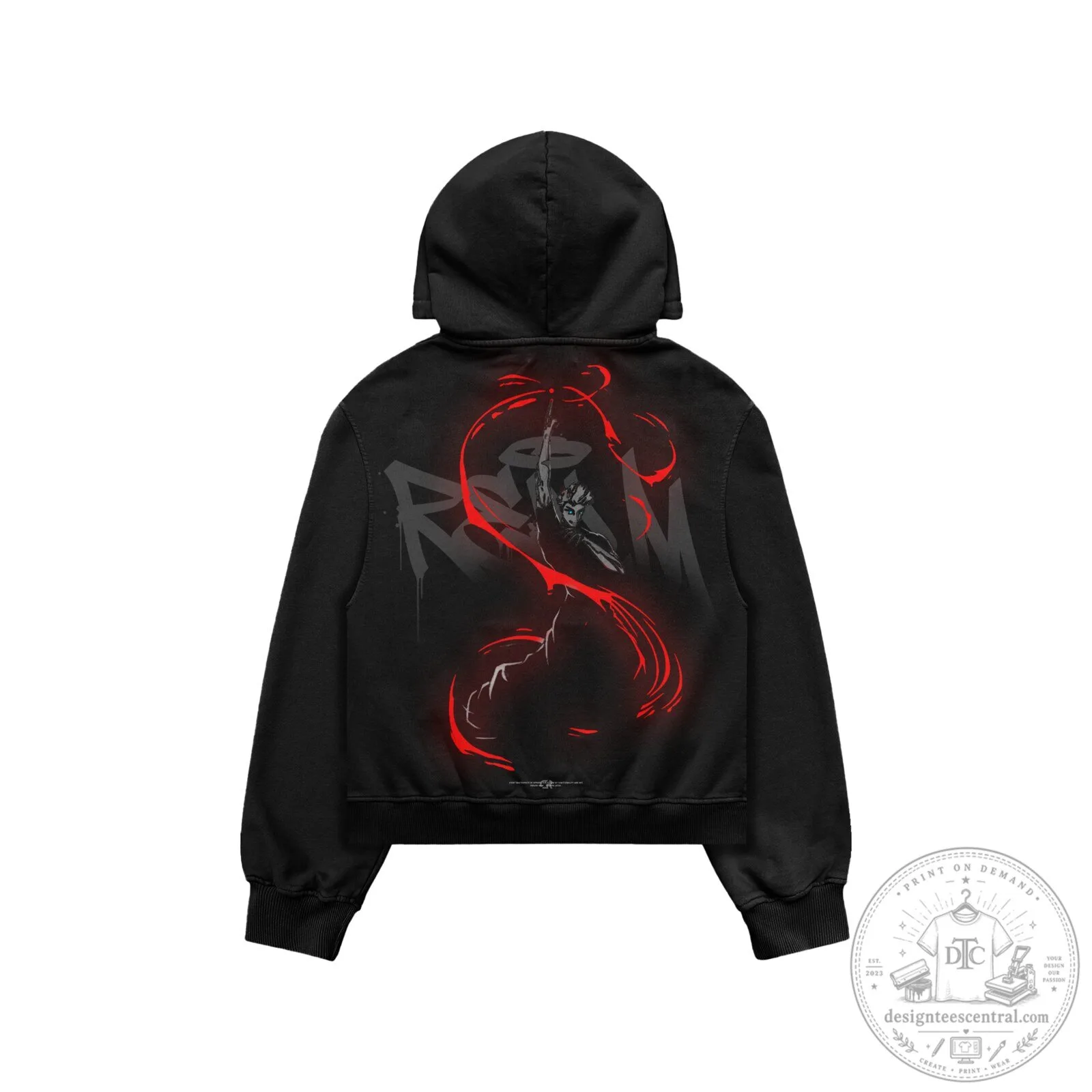 Cursed God Zipper Black Full Zip Hoodie with Red Graphic Design