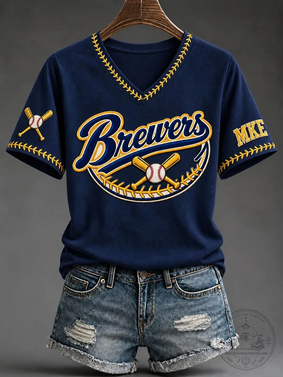 Milwaukee Brewers Baseball Game Day V-Neck Short Sleeve T-Shirt for Women
