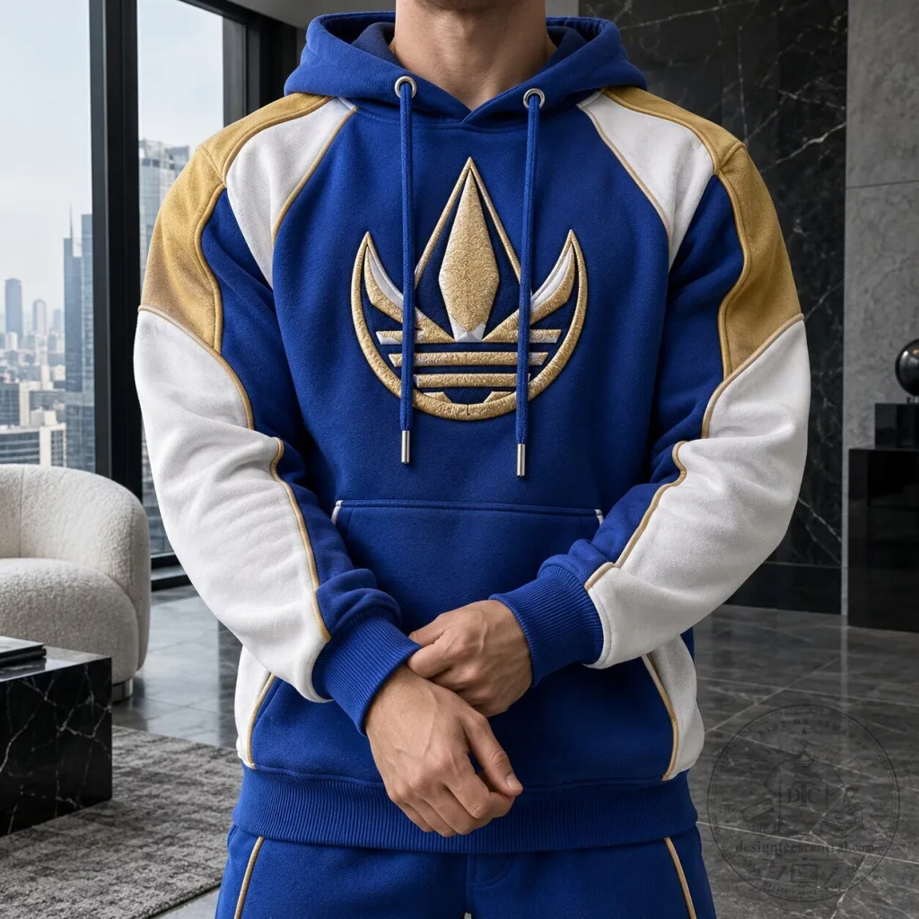 Adidas Blue Gold White Embroidered Trefoil Logo Pullover Hoodie