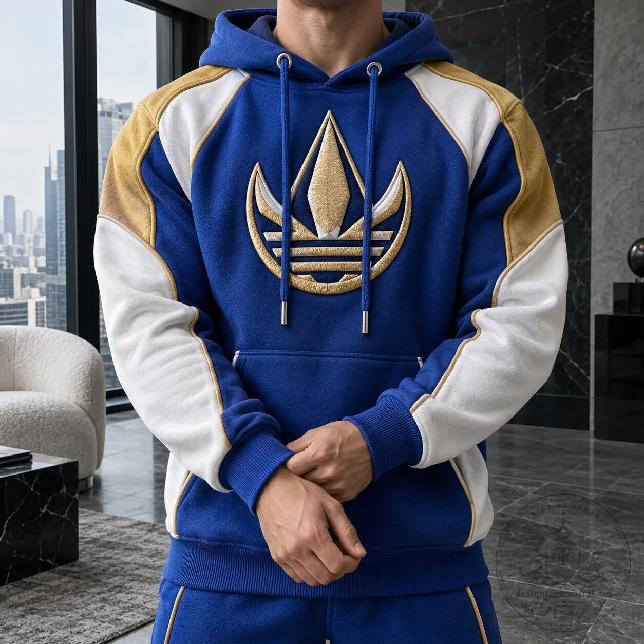 Adidas Blue Gold White Embroidered Trefoil Logo Pullover Hoodie