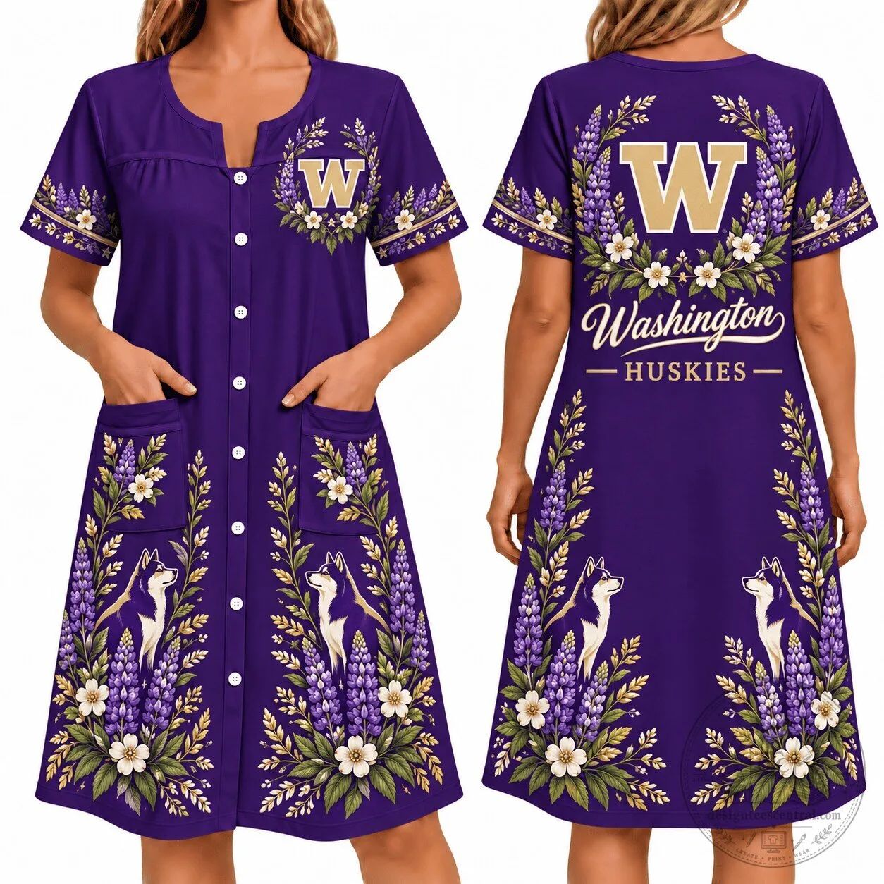 Washington Huskies Floral House Dress with Huskies and Lupine Flowers