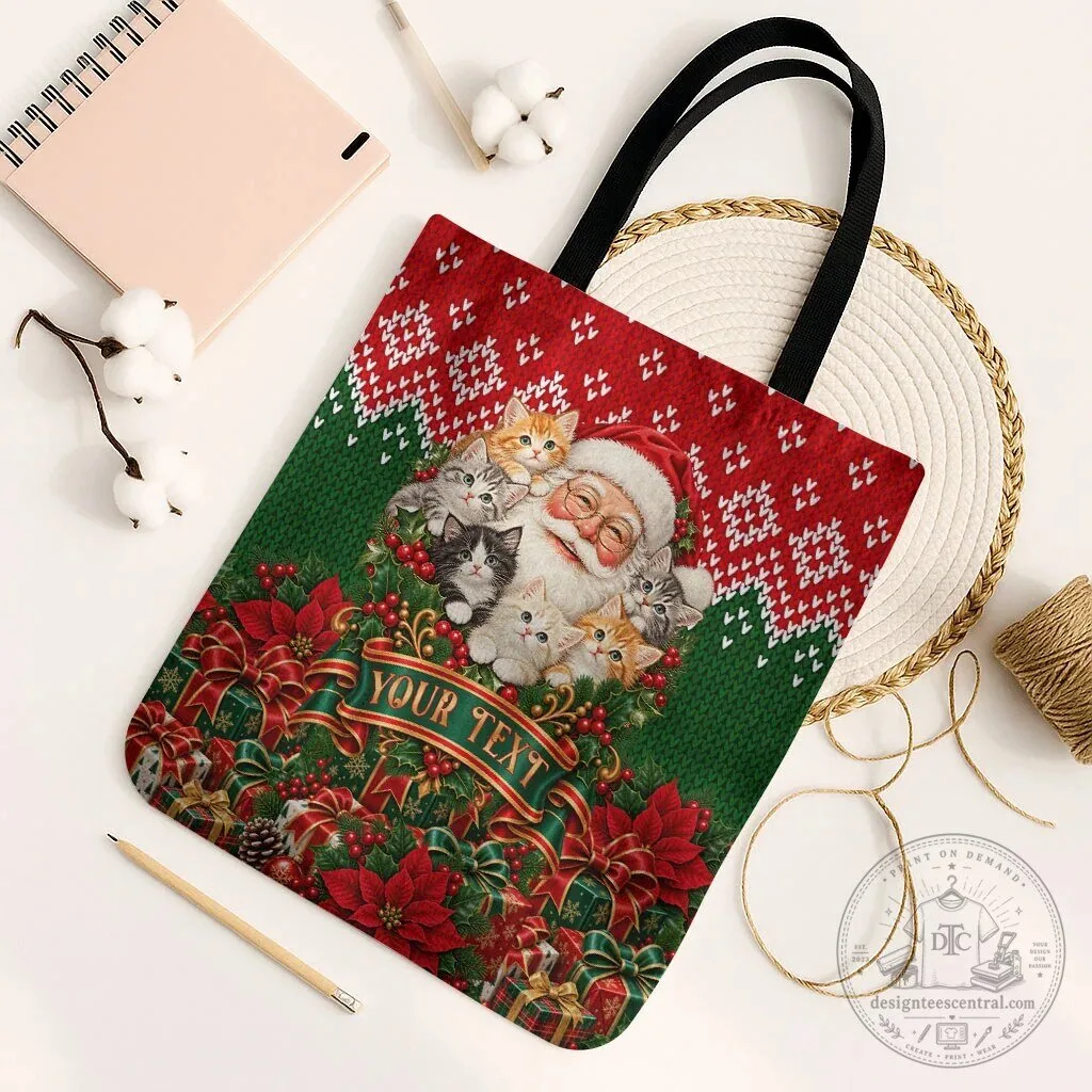 Personalized Santa Claus Kittens Christmas Holiday Tote Bag for Cat Lovers