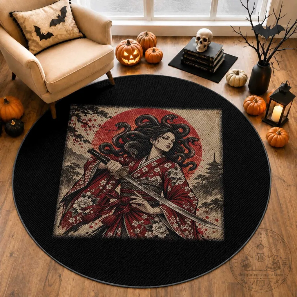 Japanese Medusa Samurai Katana Round Floor Rug Japanese Medusa Samurai Katana Round Floor Rug