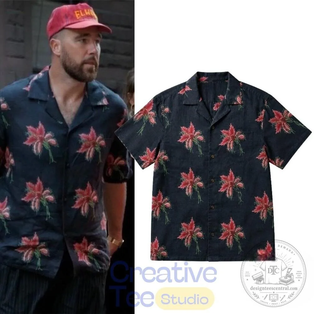 Travis Kelce Red Floral Pattern Dark Blue Button Down Hawaiian Shirt 2 Travis Kelce Red Floral Pattern Dark Blue Button Down Hawaiian Shirt