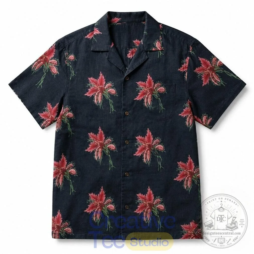 Travis Kelce Red Floral Pattern Dark Blue Button Down Hawaiian Shirt 3 Travis Kelce Red Floral Pattern Dark Blue Button Down Hawaiian Shirt