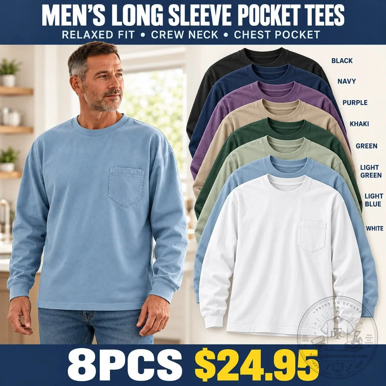 Men's Relaxed Fit Crew Neck Long Sleeve Pocket T-Shirt 13 Men
