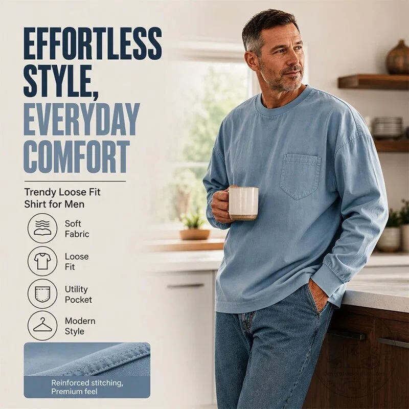 Men's Relaxed Fit Crew Neck Long Sleeve Pocket T-Shirt 14 Men
