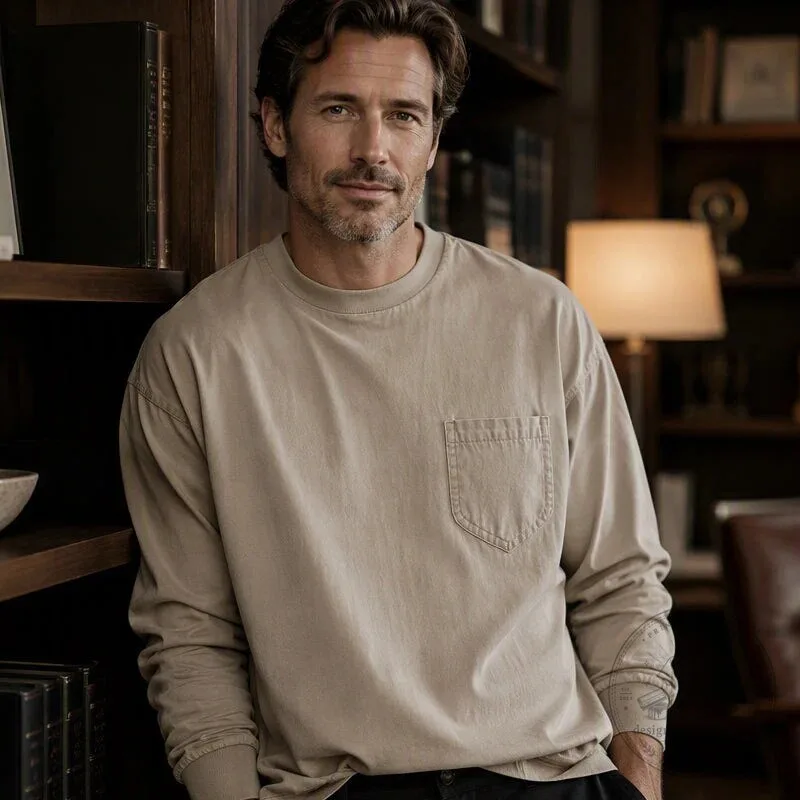 Men's Relaxed Fit Crew Neck Long Sleeve Pocket T-Shirt 25 Men