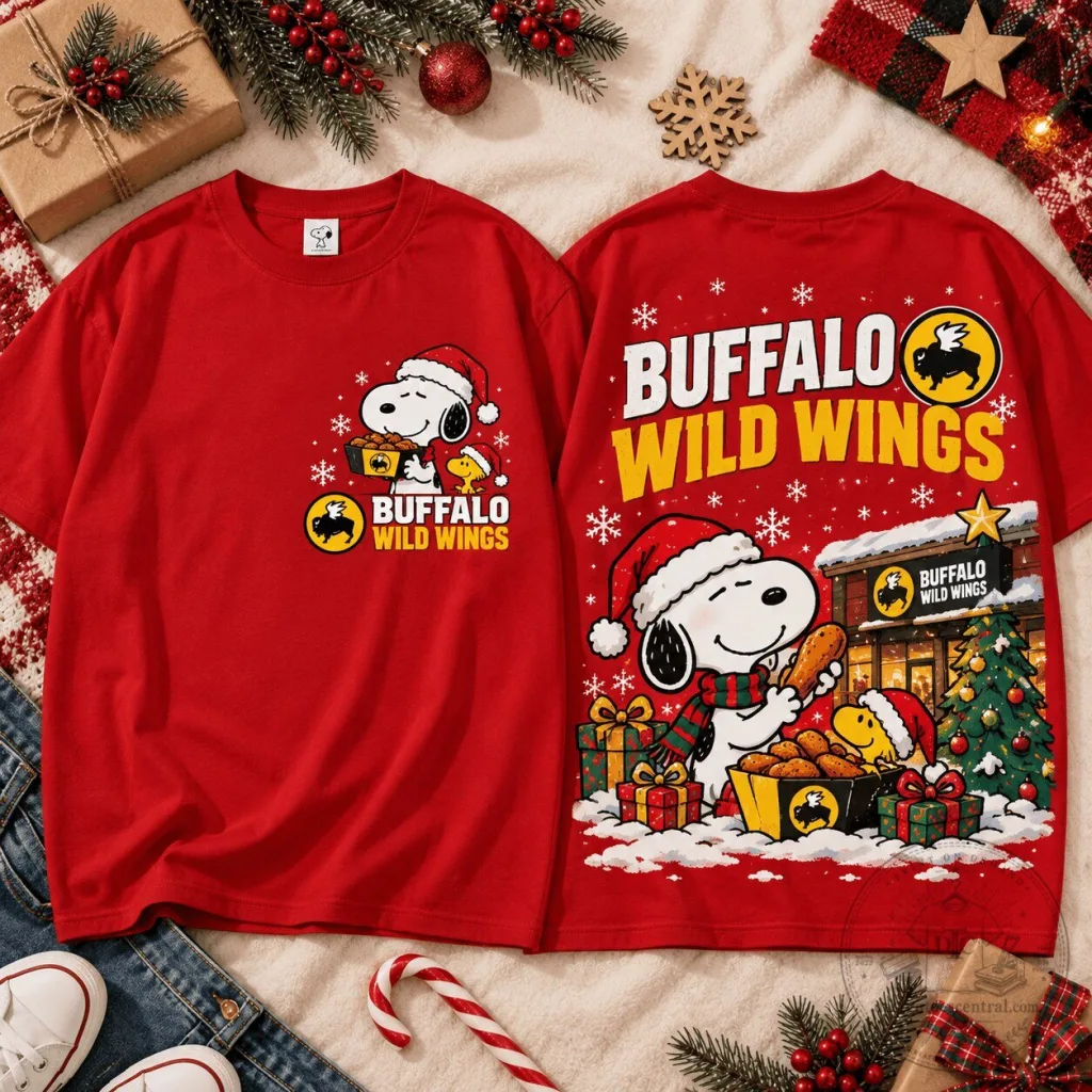 Red T-Shirt Featuring Snoopy in a Christmas Holiday Scene for Buffalo Wild Wings Red T-Shirt Featuring Snoopy in a Christmas Holiday Scene for Buffalo Wild Wings