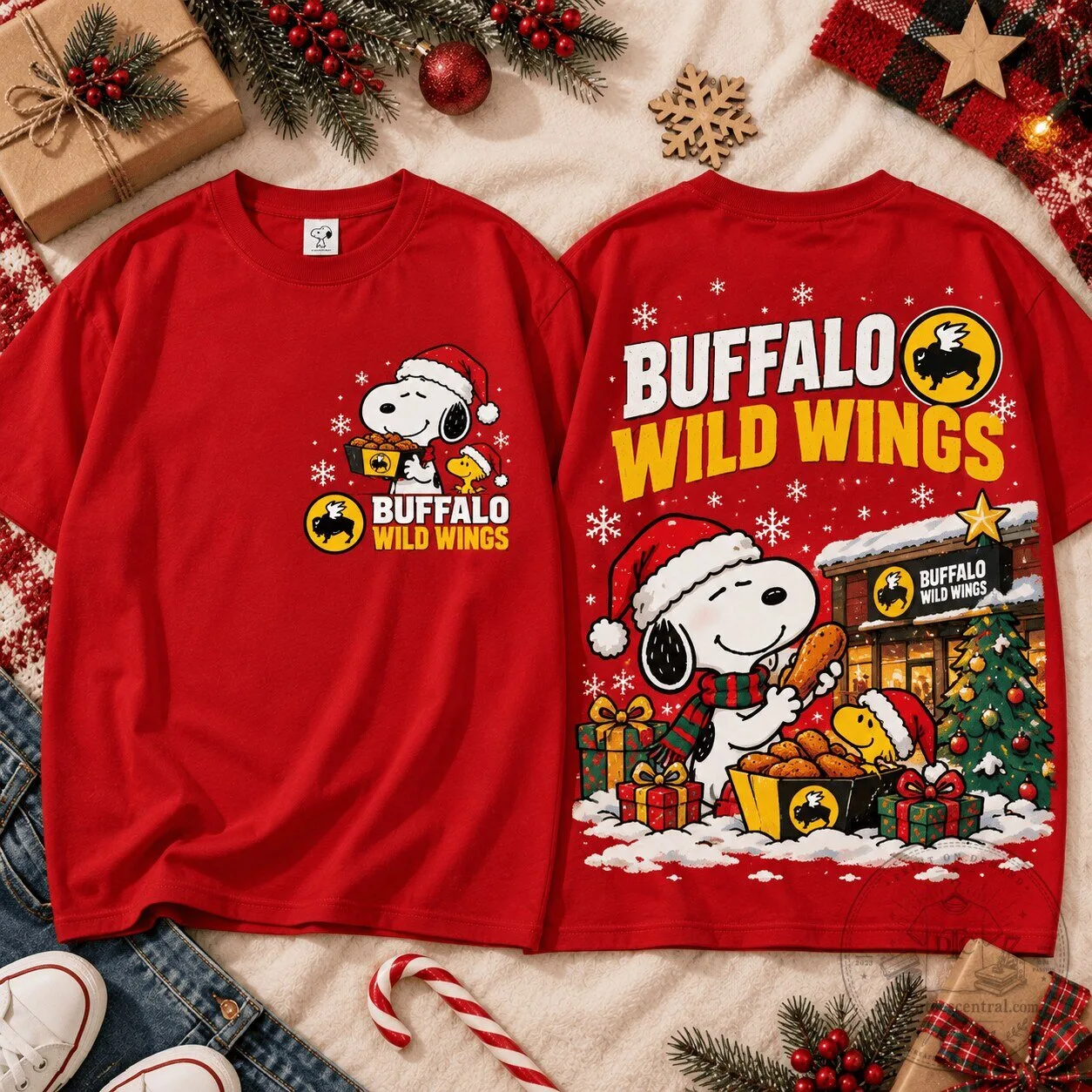 Red T-Shirt Featuring Snoopy in a Christmas Holiday Scene for Buffalo Wild Wings 1 Red T-Shirt Featuring Snoopy in a Christmas Holiday Scene for Buffalo Wild Wings