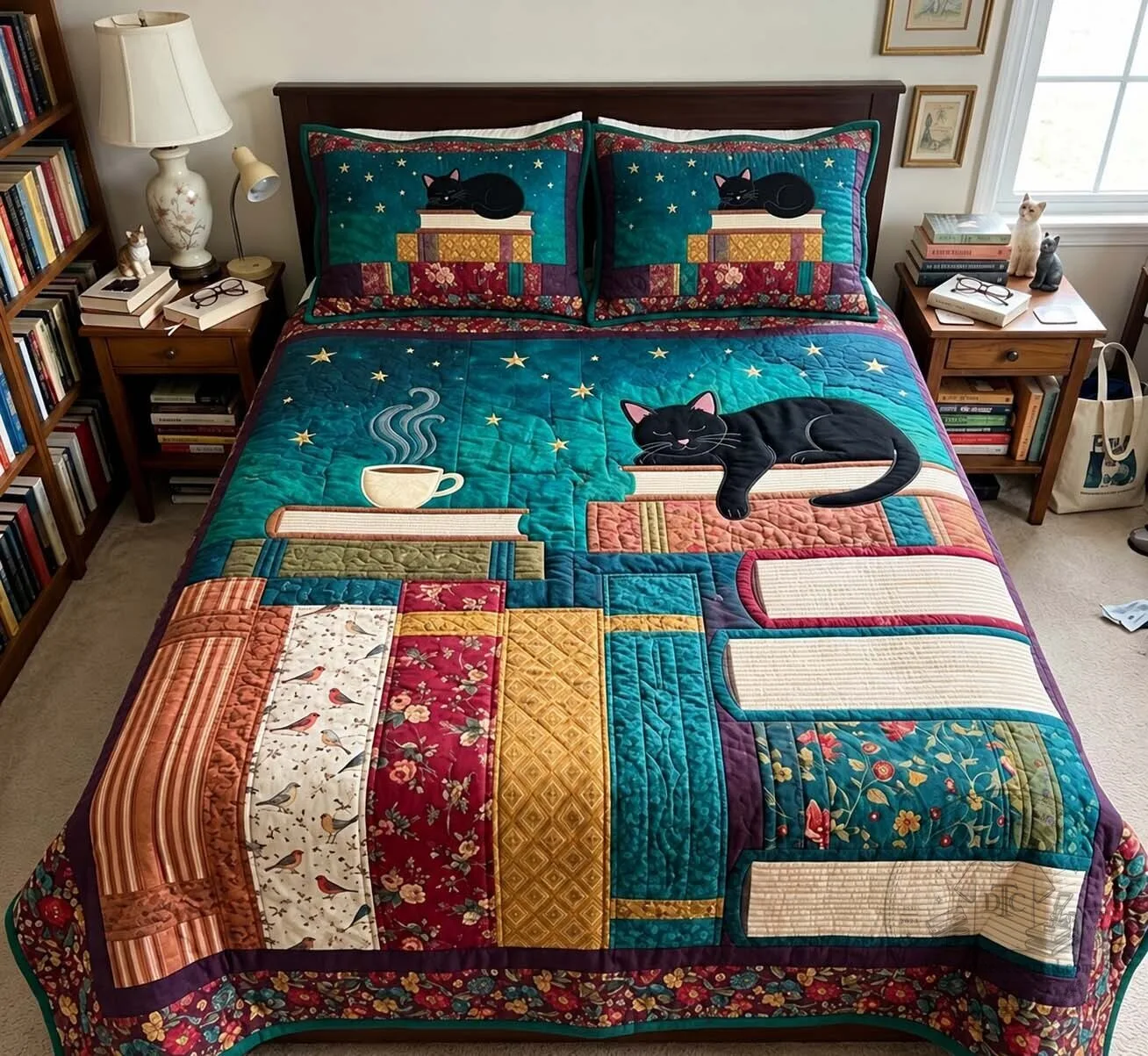 Cozy Library Cat Quilted Bedding Set with Sleeping Black Cat and Books